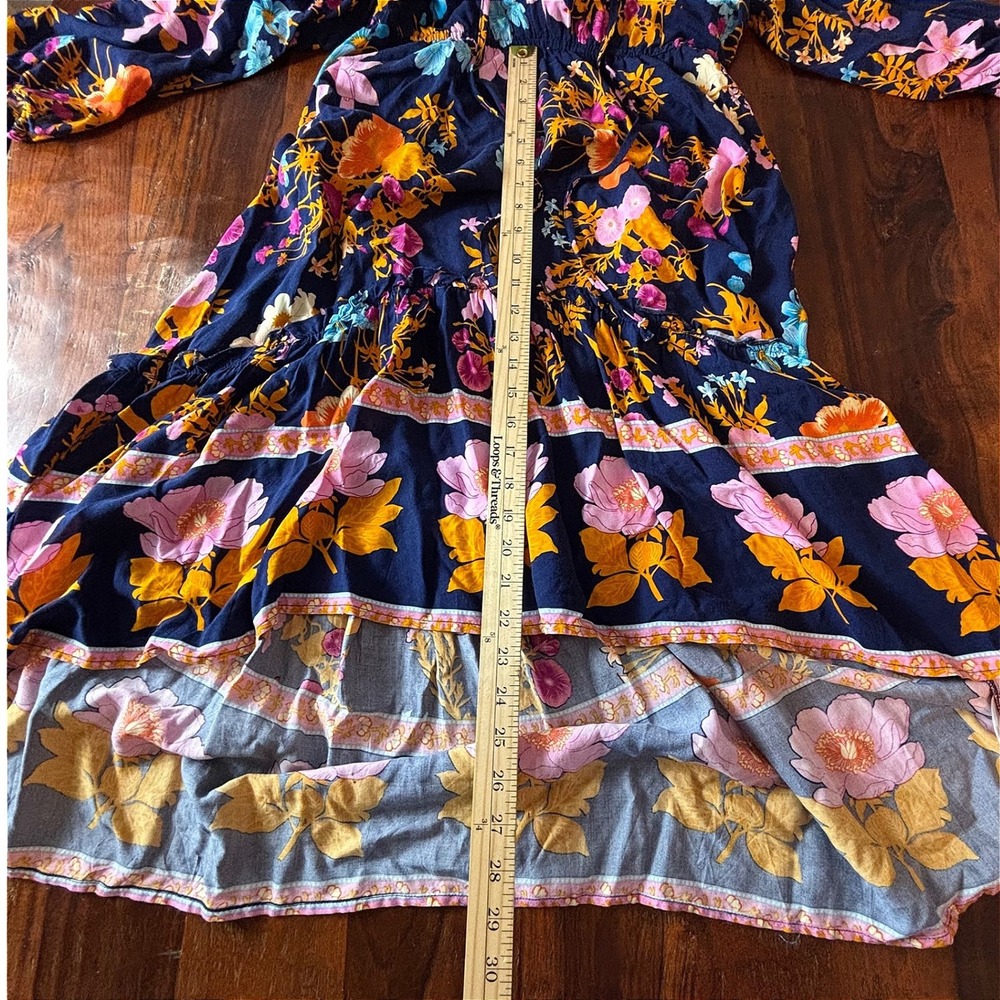 GIGIO Navy Blue Floral Boho High-Low Midi Dress Tie Neck 3/4 Sleeve Womens Large - Picture 7 of 10